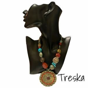 Treska Southwestern Necklace 10" Medallion Chunky Pendant Stones Metal Boho